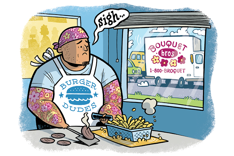 Cartoon of a big dude with flower tattoos working at a burger joint and gazing longingly out his window at a florist truck
