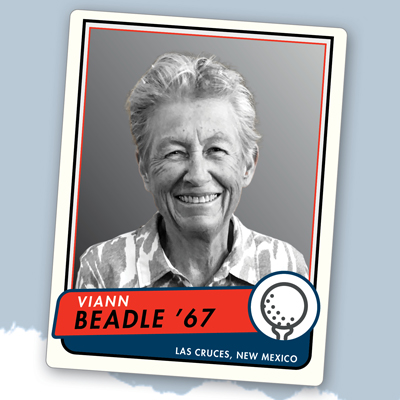 Trading card with ViaAnn Beadle '67, Las Cruces, New Mexico, and golf ball icon
