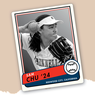 Trading card with Sam Chu ’24, Redwood City, California, and softball icon