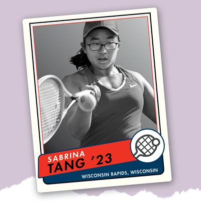 Trading card with Sabrina Tang ’23, Wisconsin Rapids, Wisconsin, and tennis racket and ball icon