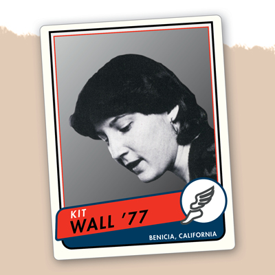 trading card with Kit Wall ’77, Benicia, California, and winged foot icon 