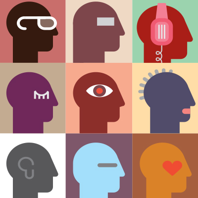 illustration of stylized heads in a variety of colors and backgrounds each with a small icon indicating something such as and ear, brain, eye, etc.