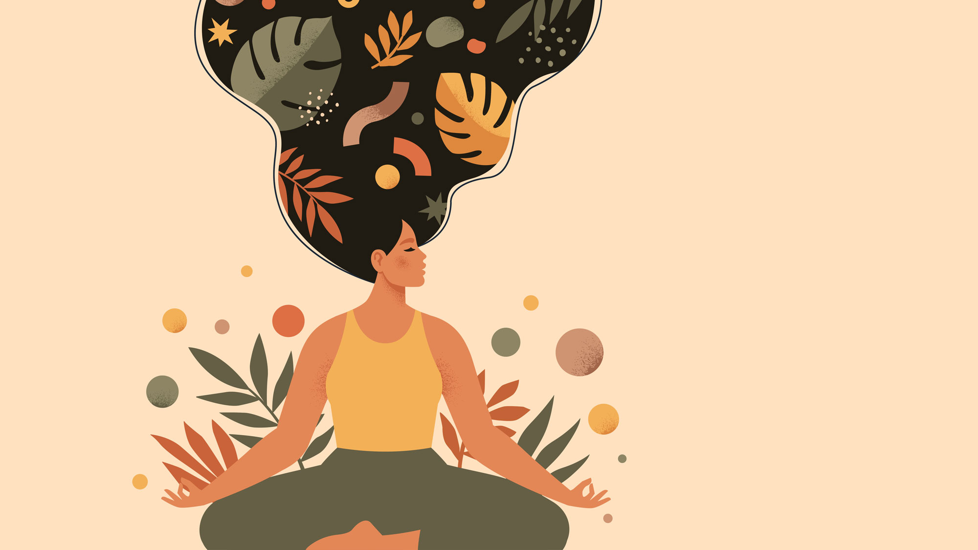 Illustration woman in lotus position with dark hair flowing upwards and overlain with floral designs