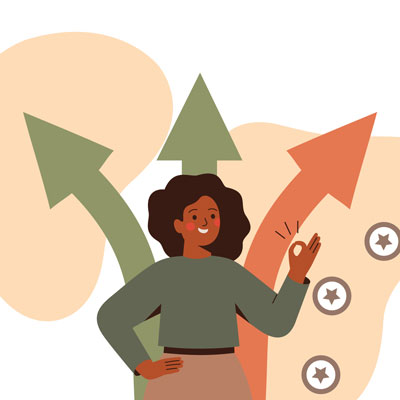 Illustration: Woman making OK sign with stars and arrows