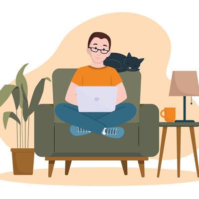 Illustration: Man sitting in armchair with laptop open and cat sleeping on the back of the chair