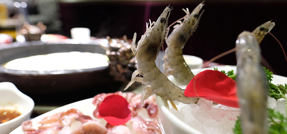 Food dish with dancing prawns
