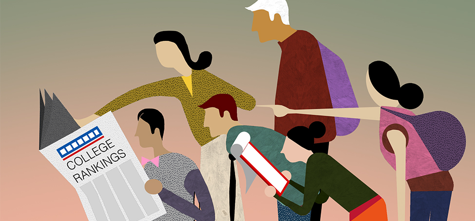 illustration of several people reading over the shoulder of another reading a newspaper called College Rankings