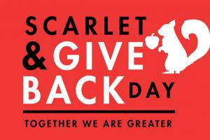 Logo reads Scarlet & Give Back Day, together we are greater, with squirrel and acorn graphic