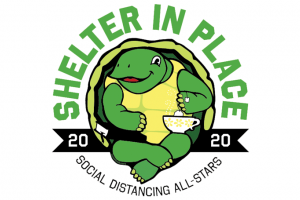 Shelter in Place 2020 Social Distancing All-Stars Green and Yellow Tortoise  with a cup of tea