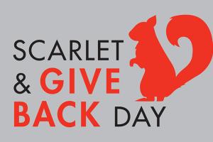black and red text on grey says Scarlet and Give Back Day with red squirrell shape on the right