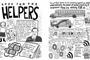 Two examples of the Helpers cartoons, included larger in the story