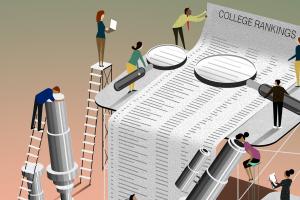 illustration of people peering closely at a hugely oversized list of college rankings