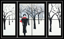 Black and white triptich of figure walking through a wooded snow scape with red scarf
