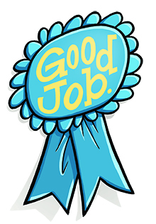 Illustration of a blue ribbon that says "Good Job!"