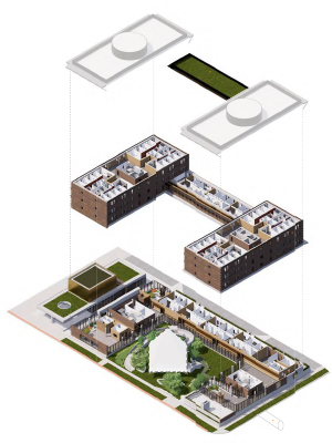 Exploded floor plan of the CEQ shows C-shaped structure with unique first floor, interior of three residence floors with atria and a green roof