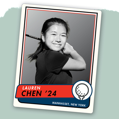 Trading card with Lauren Chen ’24, Manhasset, New York, and golf ball icon