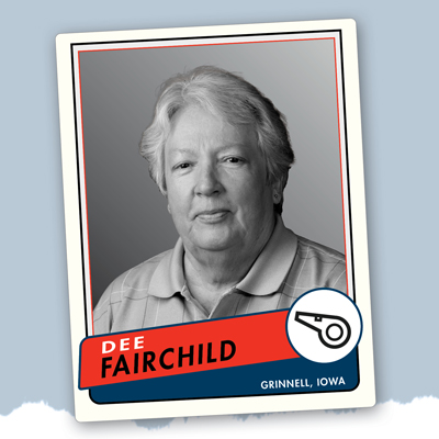 trading card with Dee Fairchild, Grinnell, Iowa, and whistle icon