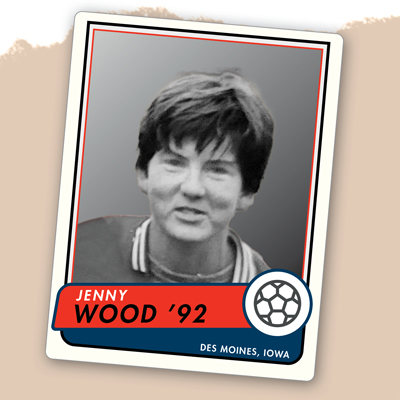 Trading card with Jenny Wood ’92, Des Moines, Iowa, and soccer ball icon