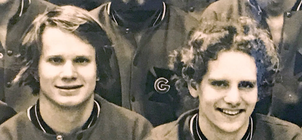 Doug Johnson ’77 and John Chambers ’77 in their senior year swim team photo