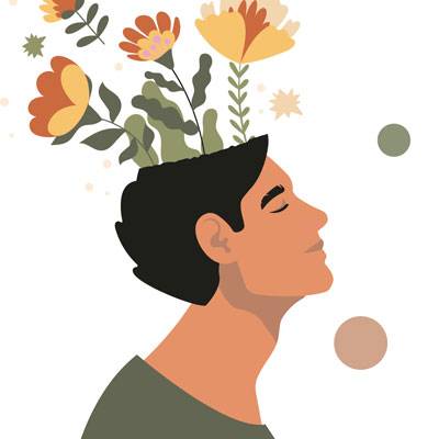 Illustration: man with flowers bursting forth from the top of his head