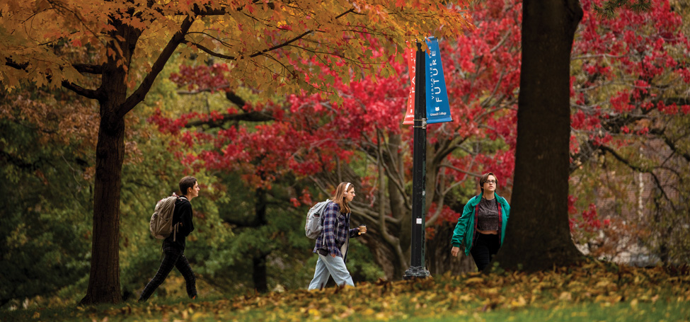 Students walking under the trees which are covered in fall foliage