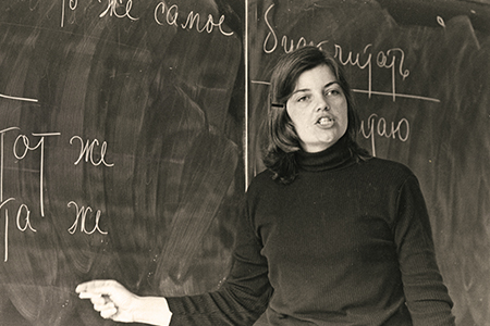 Sheila McCarthy at blackboard