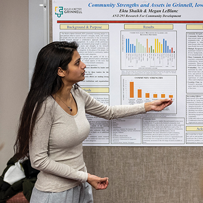 Young woman presenting a poster titled Community Strengths and Assets in Grinnell by Ekta Shaikh and Megan LeBlanc
