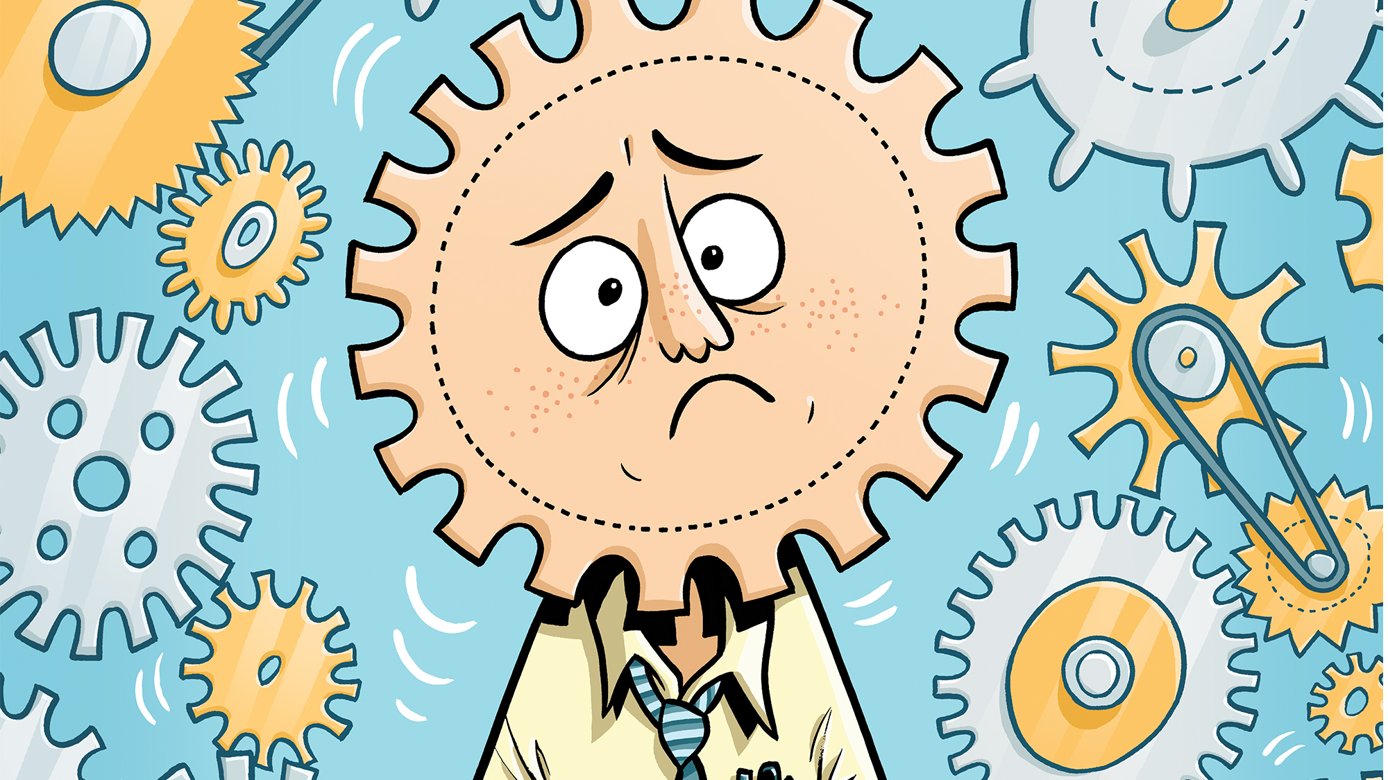 Illustration of a a bunch of gears and a human head shaped like a gear with a dismayed expression