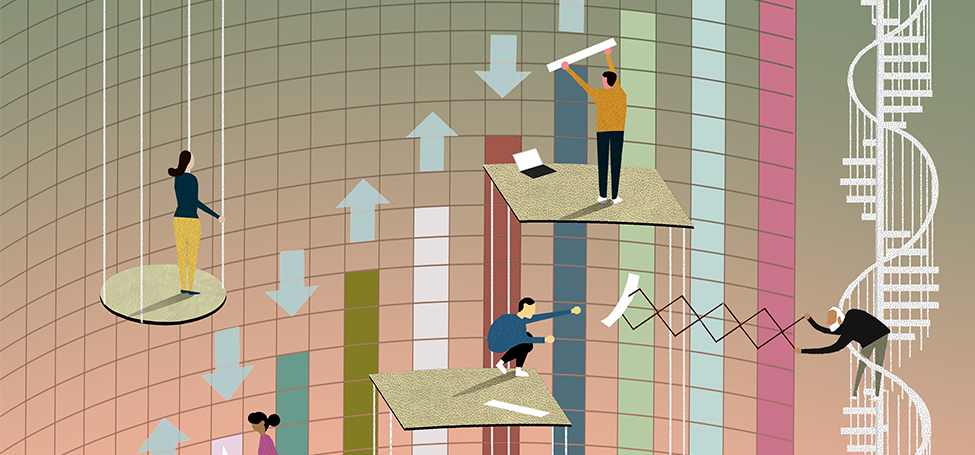 illustration showing a huge bar chart with tiny people on platforms and a spiral staircase examining its details
