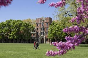 Students walking on MAC field in the spring