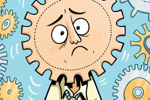 cartoon of a bunch of gears and a human head shaped like a gear with a dismayed look on the face