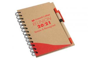 Scarlet and tan notebook reads Grinnell College Renion 2021 remote and reimagined